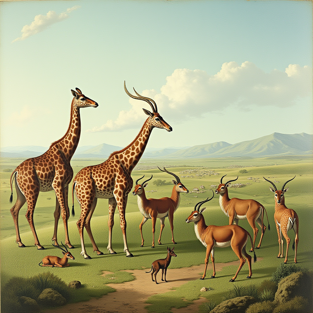 The image depicts a surreal landscape with a group of animals that are hybrids of giraffes and antelopes. Two larger animals have the body and legs of giraffes with antelope-like horns. They stand majestically on a vast green savanna with rolling hills in the background under a bright, clear sky with fluffy clouds. Smaller antelope-like creatures surround them, resembling traditional antelopes but maintaining some giraffe features, such as taller necks. A small antelope rests in the foreground, completing the tranquil and imaginative scene.