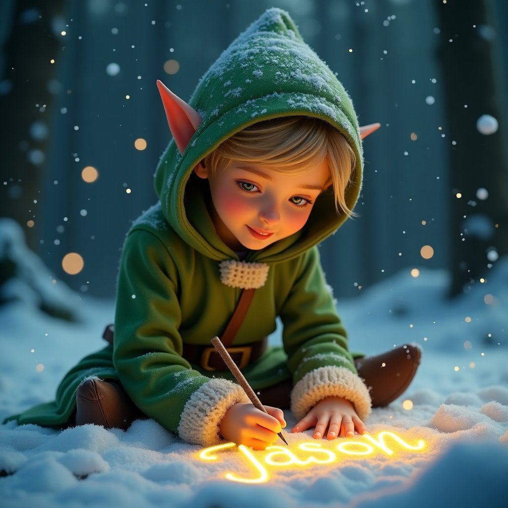 Elf character in a green outfit sitting in snow. Writing 'Jason' in glowing cursive. Snowflakes falling around scene. Warm light on elf's face and glowing text.