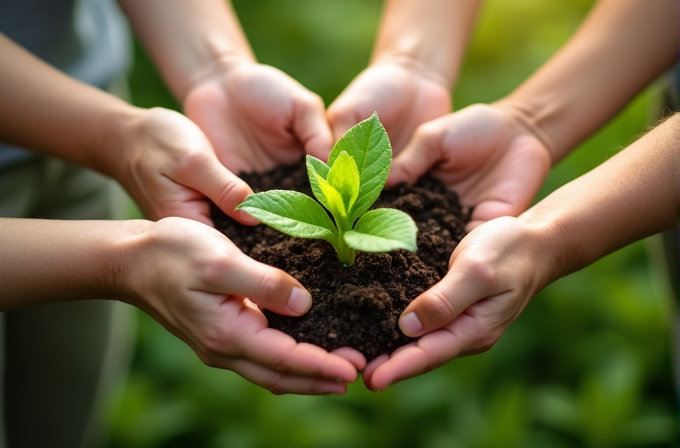 Four hands hold a small plant emerging from soil, symbolizing care and new beginnings.