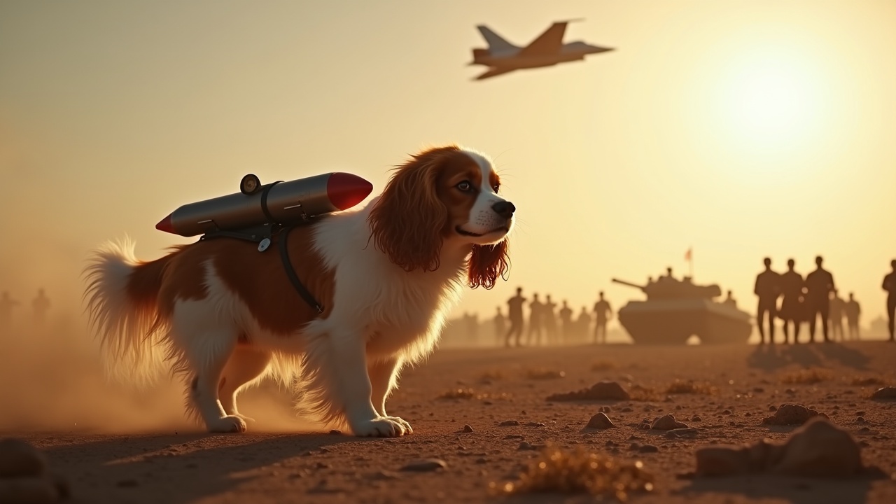 In a dramatic and awe-inspiring scene, a fluffy brown and white cavalier king charles spaniel walks across a desolate battlefield. It has a missile strapped to its back, making it appear both adorable and heroic. In the background, a multitude of small soldiers and tanks can be seen, their forms barely visible among the shadows, adding to the intensity of the scene. The sky is lit by the bright radiance of the sun, casting a warm glow over the battlefield. Above, a jet fighter zooms past, enhancing the sense of action and drama in the image.