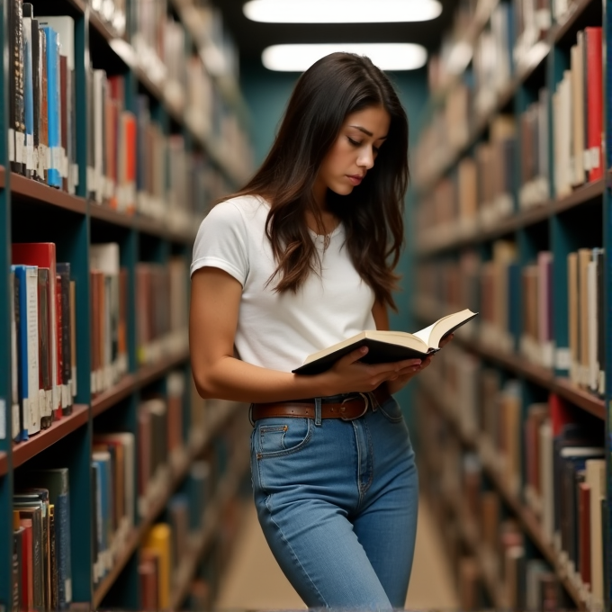 A woman reads a book in a library aisle surrounded by shelves full of books.