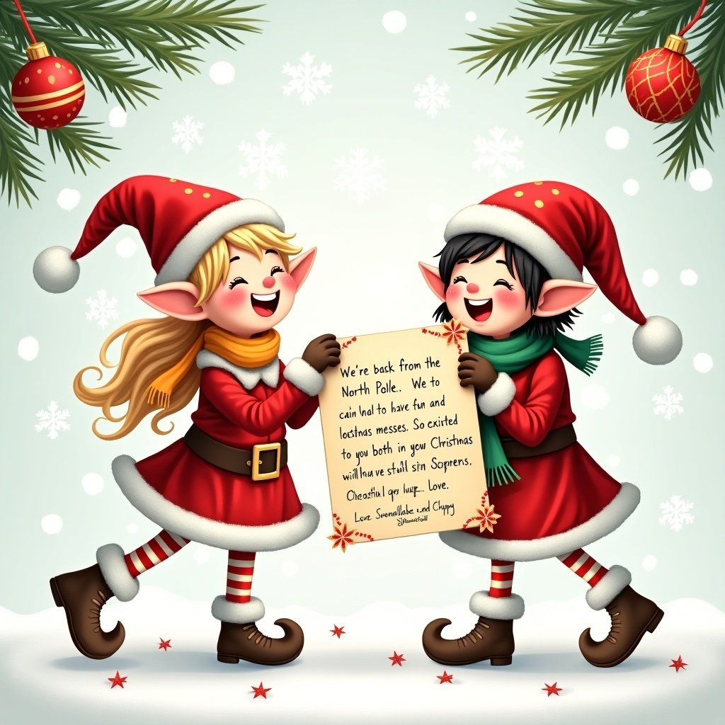 Two cartoon elves with large smiles wear red and white outfits. They hold a golden letter that contains a festive message about returning from the North Pole. Background features Christmas ornaments and pine branches.