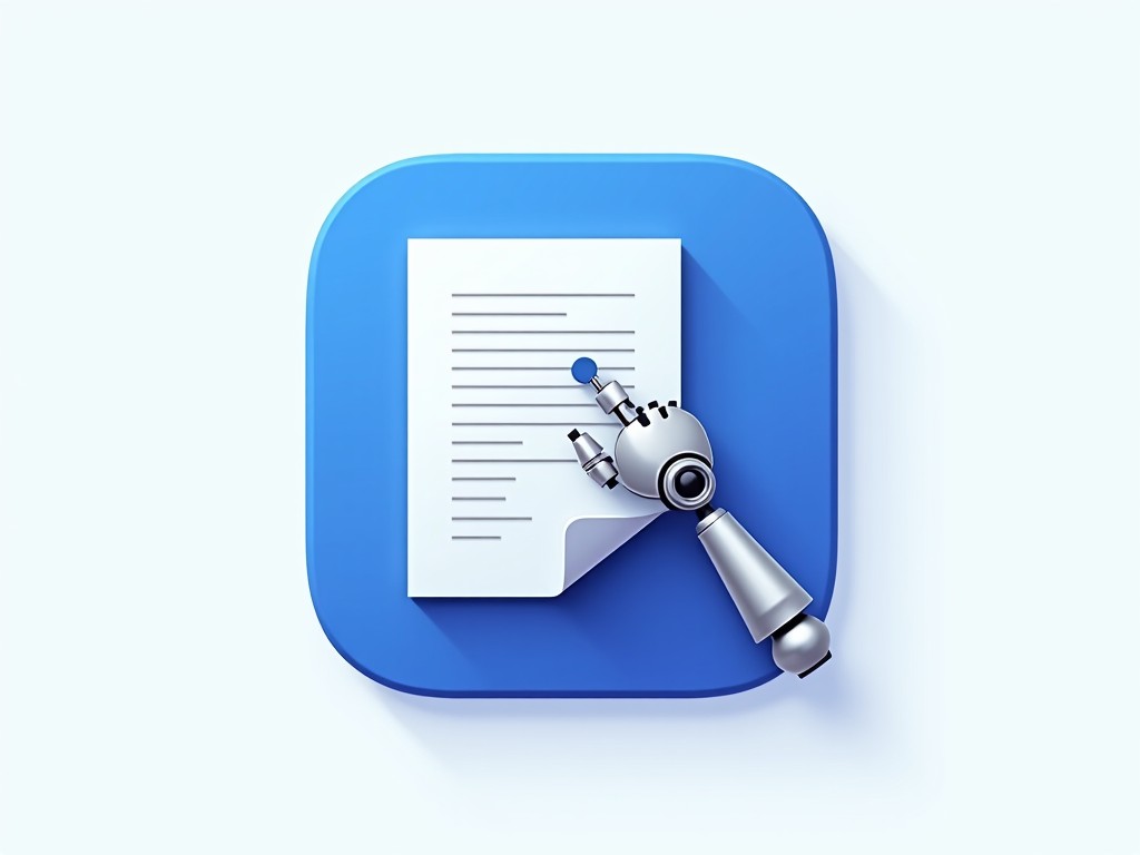 digital illustration of a robotic arm holding a document icon, symbolizing AI document editing, with a modern and sleek aesthetic, on a blue background