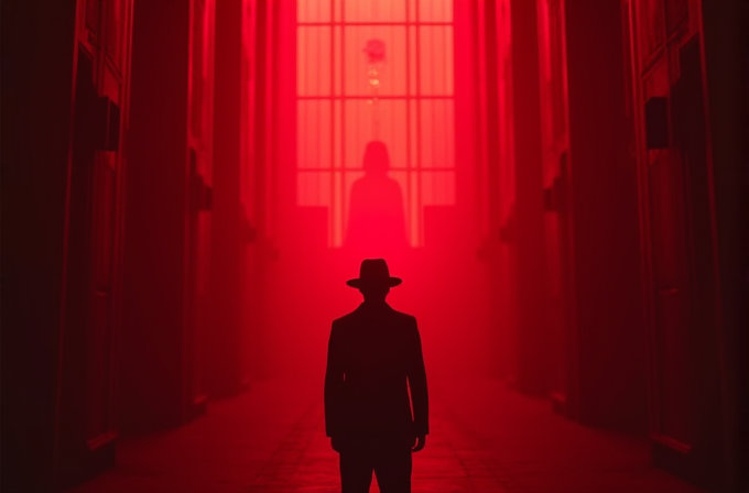 A silhouette of a man in a hat stands in a red-lit corridor, facing a distant figure in the background.