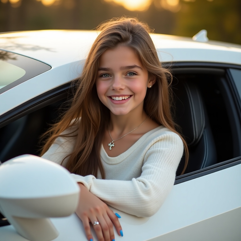 Smiling teenager in a cute white Lamborghini. Girl has long brown silky hair and white skin. She wears a white sweater and flair leggings. Light blue nails with a ring on her finger. A necklace with the word 'kayli'. Soft golden light enhances the scene.