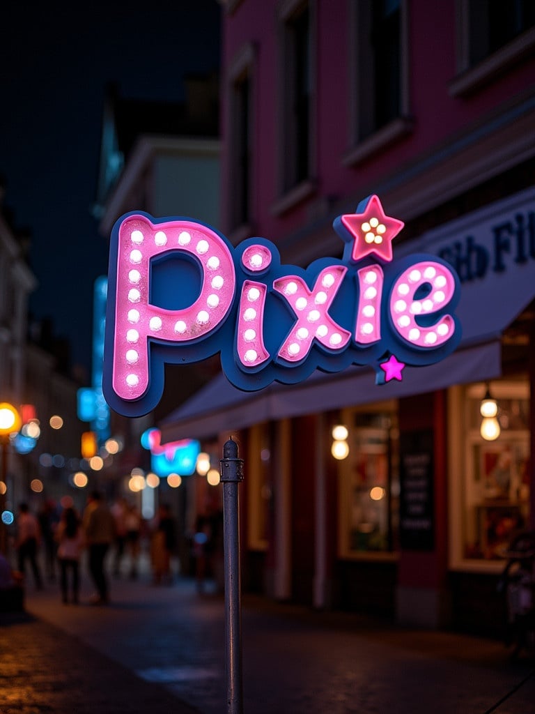 Sign illuminated at night spells out the word Pixie in colorful lights. Street scene showcasing blurred background and ambiance of activity.