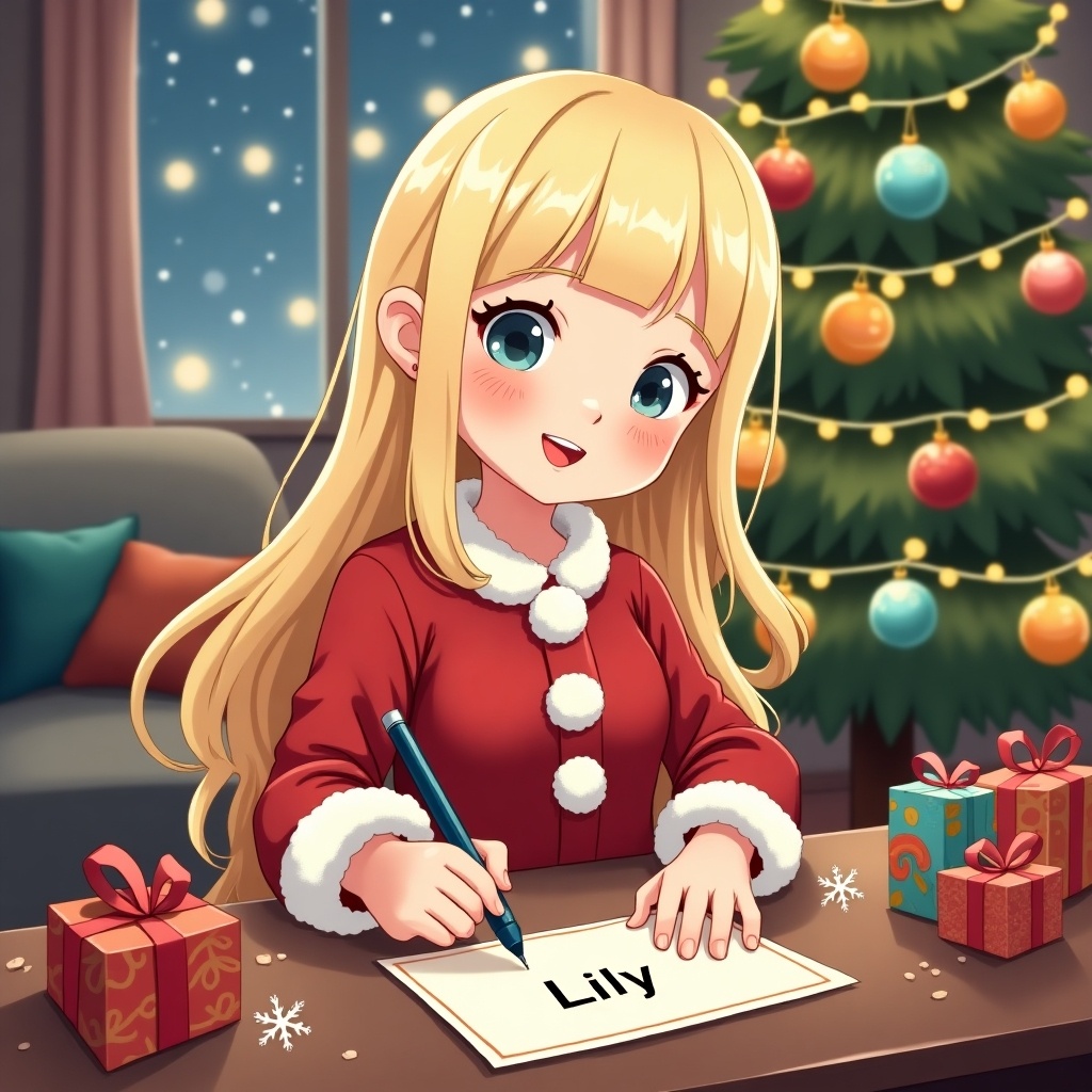 Cartoon girl with straight blonde hair writing a letter. Christmas tree in background with ornaments. Presents on table. Cheerful expression.