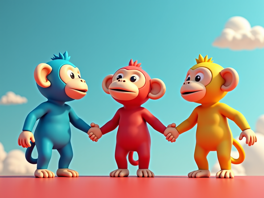 Three cartoon monkeys in blue, red, and yellow hold hands against a sky with fluffy clouds.