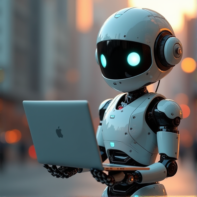 A small, futuristic robot is holding and looking at a silver laptop.