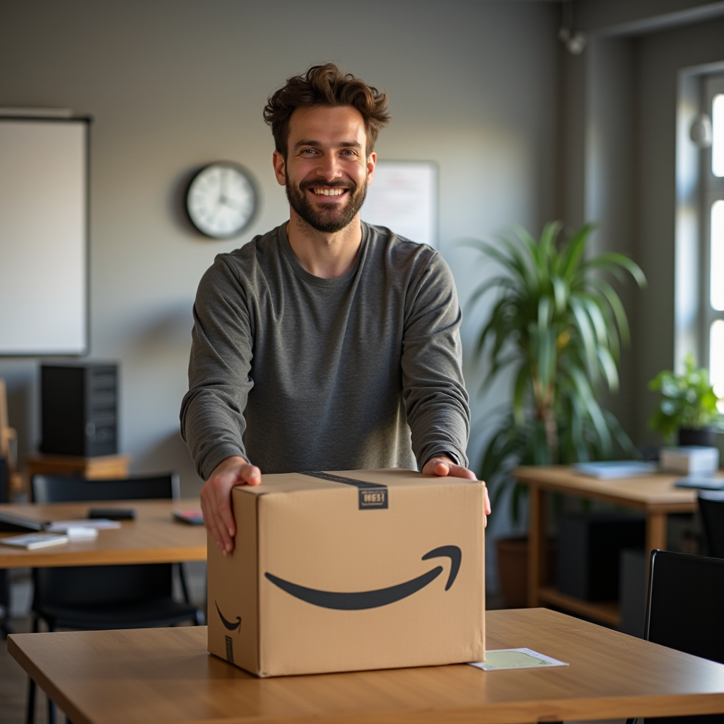 The image shows a man inside an office setting, smiling broadly, indicating happiness or satisfaction. He is dressed casually in a gray long-sleeve shirt and stands behind a large cardboard package. The package features a recognizable logo with a curved arrow. The office appears modern, with a mix of natural and artificial light. There are various items like a clock on the wall, a large potted plant, and neatly arranged desks, suggesting a tidy and organized workspace.