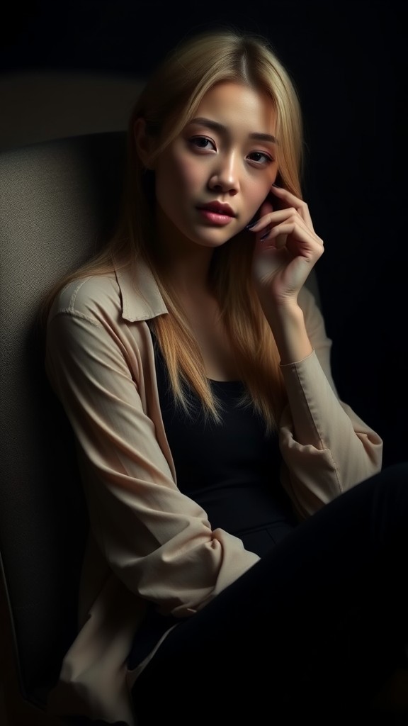 A woman with long blond hair sits pensively in a subdued and thoughtful pose.