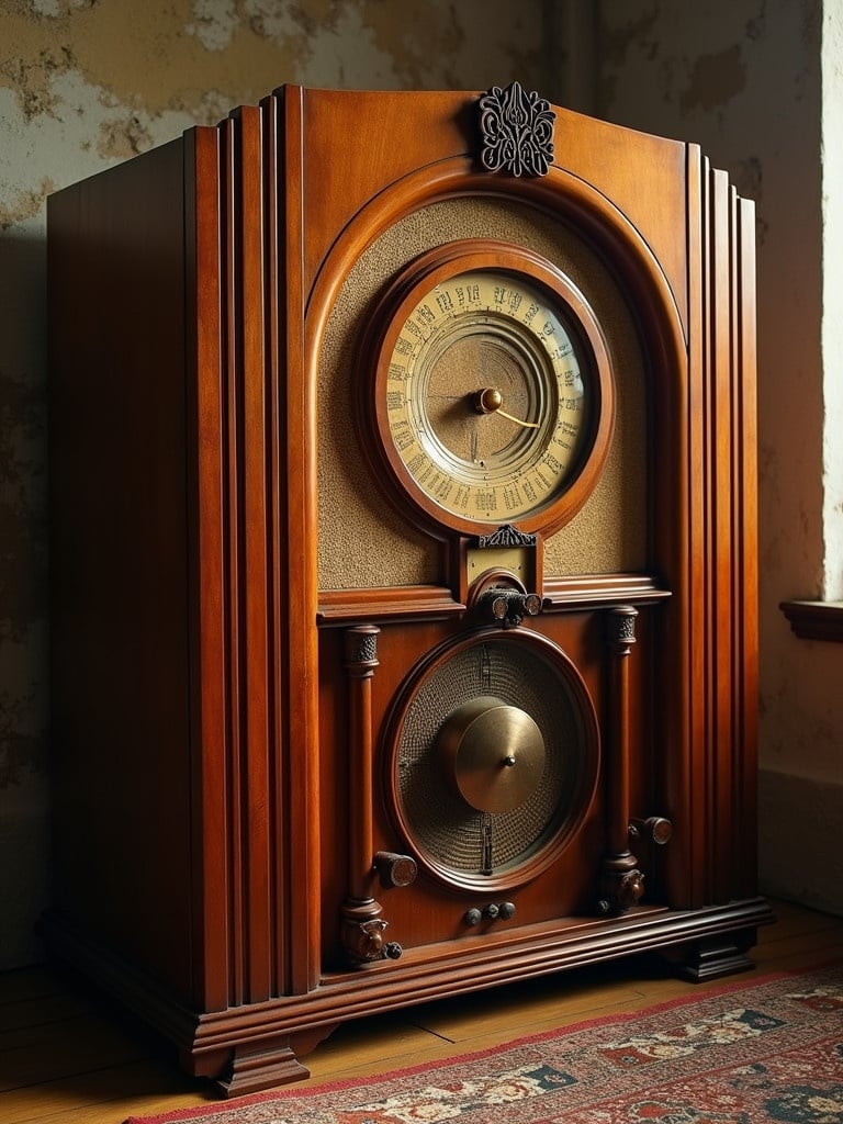 A vintage radio from the 1920s with a wooden cabinet and intricate design. The radio features a large dial in the center and ornate detailing on the exterior. The setting has soft natural light coming through a window, highlighting its craftsmanship.