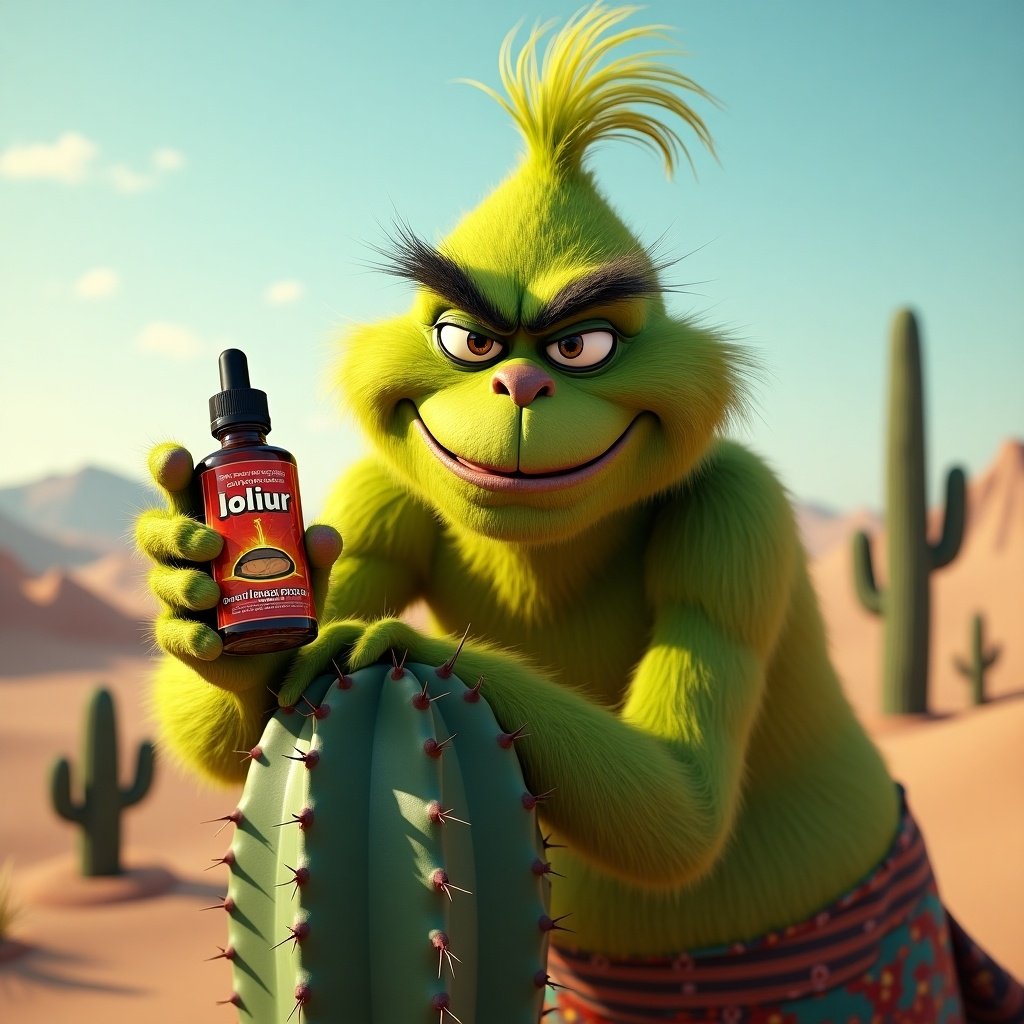 The Grinch leans on a cactus in a bright desert. He holds a bottle of e-liquid and smiles. Background consists of cacti and distant hills. Bright sunlight illuminates the scene. Character displays playful emotions.