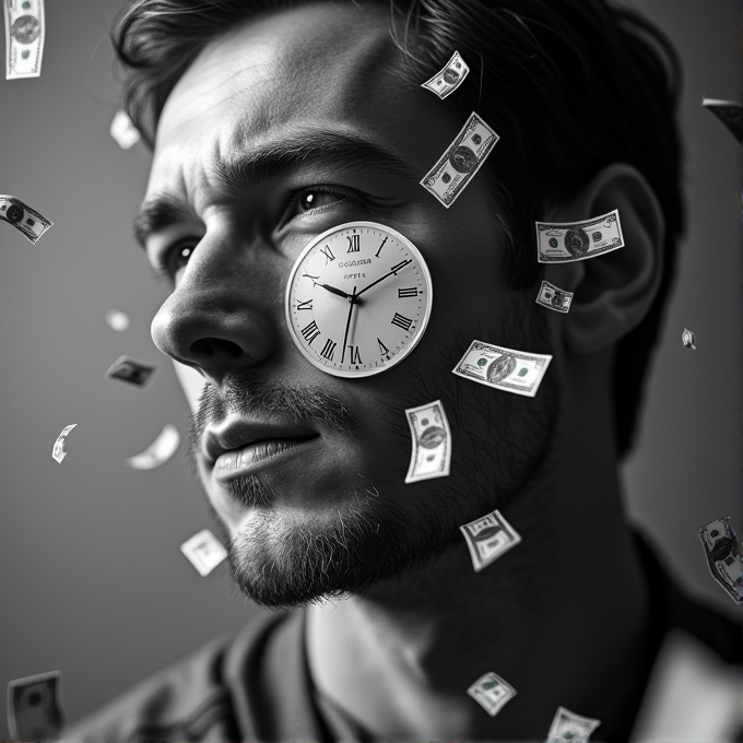 A man's face with a clock as an eye, surrounded by floating dollar bills.