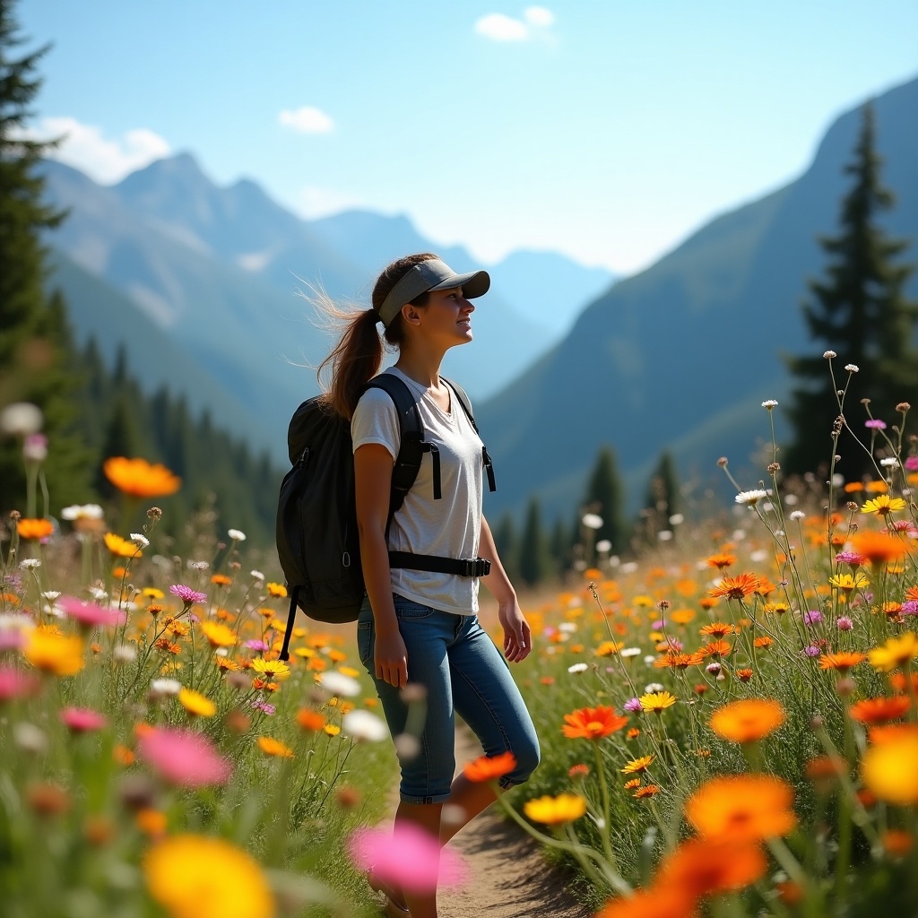 A person is hiking in a beautiful natural setting. She is wearing casual hiking attire, enjoying the warmth of the sun. Surrounding her are vibrant flowers in various colors, creating a lively scene. The backdrop features majestic mountains and a clear blue sky. This image conveys feelings of freedom and a deep love for nature, inviting viewers to explore outdoor adventures.