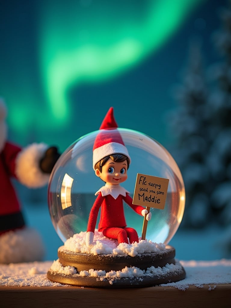 Cheerful brown Elf on the Shelf in a snow globe. Sign held says 'See You Soon Maddie'. Black Santa Claus stands nearby. Background features beautiful northern lights.