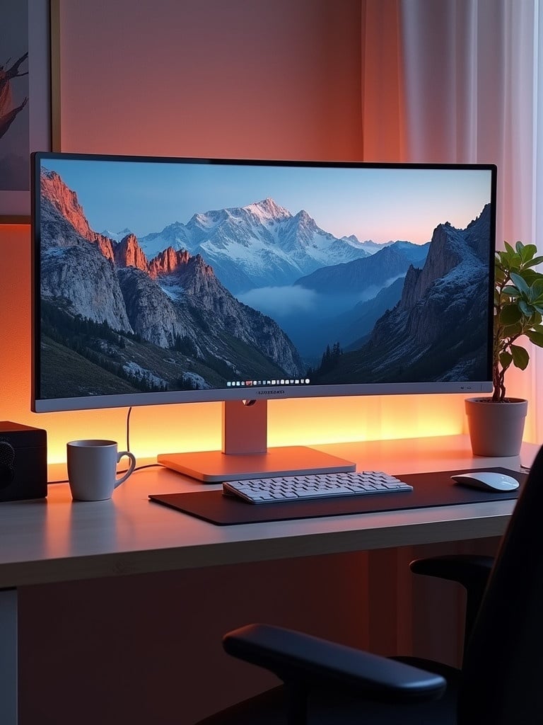 A 27 inch monitor displays a beautiful mountainous landscape. A white PC is beside it. A side monitor of 22 inches is flipped around. Everything is on a large desk measuring 36 x 71 inches.