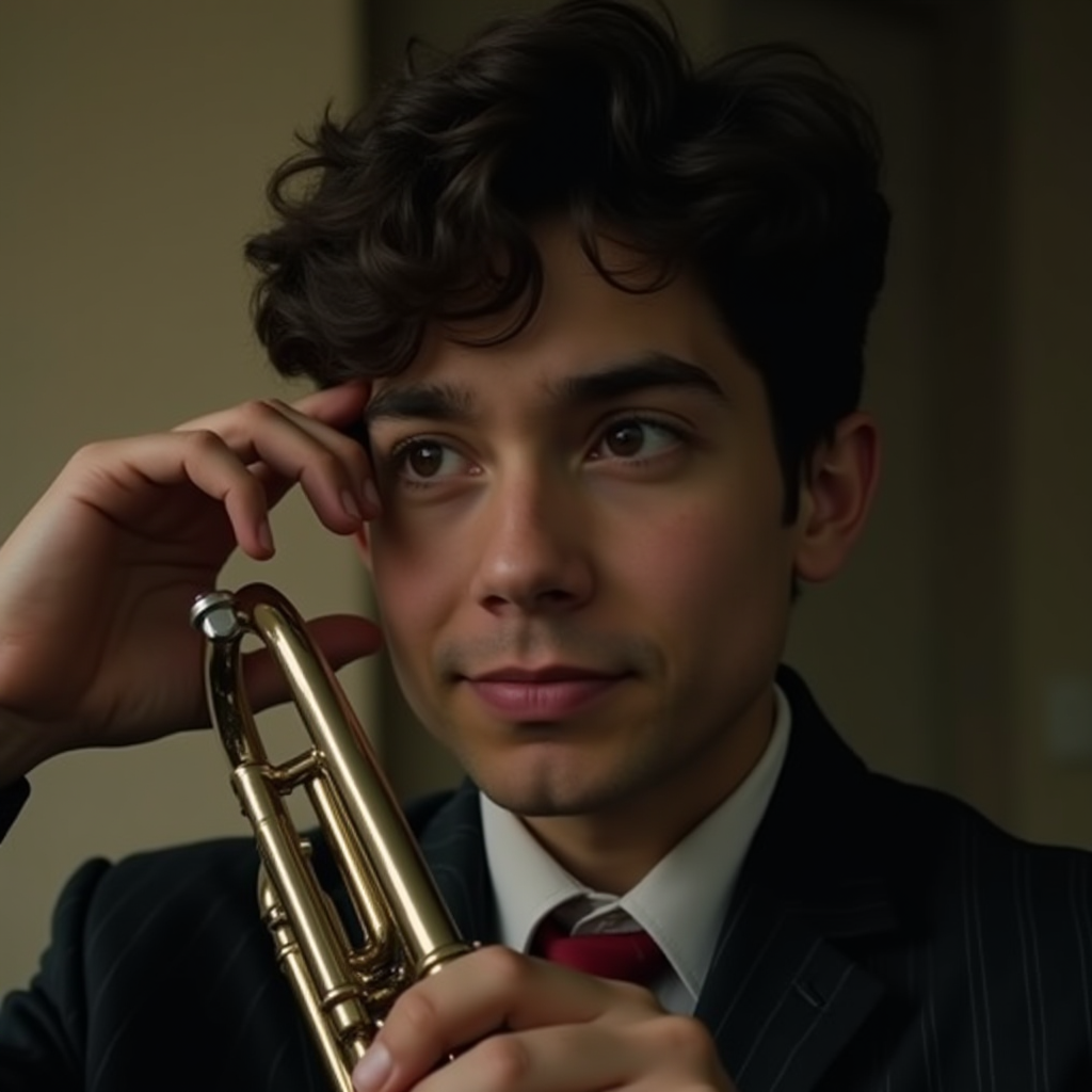 A young man with curly hair holds a trumpet, wearing a pinstripe suit and red tie, and gazes thoughtfully into the distance.