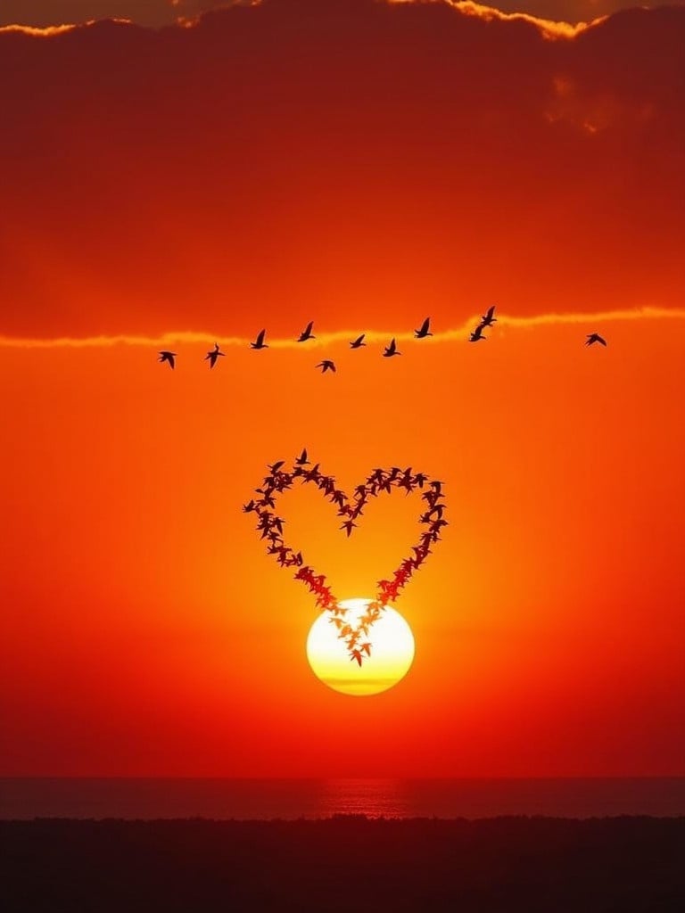 A sunset with a glowing sun near the horizon. The sky shows a gradient of warm colors from deep red to dark blue. A flock of birds flies in a heart shape around the sun. The birds are silhouetted against the sunset. The scene is visually striking and captures natural beauty.