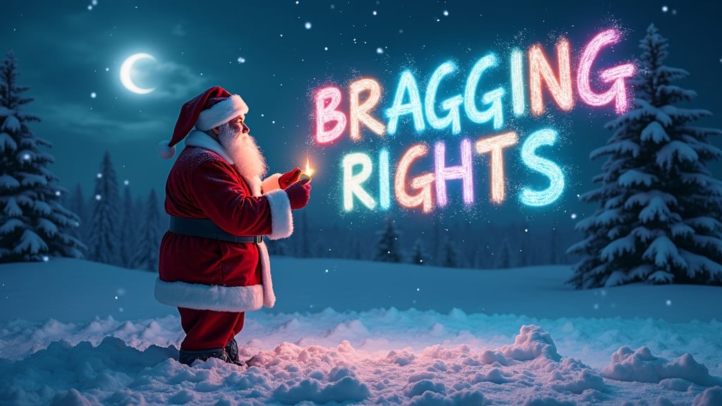 Jolly Santa Claus in snowy landscape. Santa dressed in classic red and white outfit. Joyfully writing 'BRAGGING RIGHTS' in the night sky. Background with twinkling stars and falling snow. Cheerful expression adds warmth. Perfect for holiday celebrations. Colorful name enhances festive spirit.