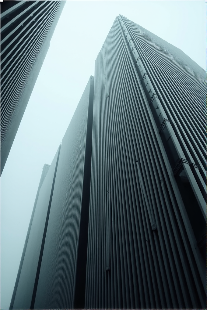 A dramatic view of tall skyscrapers rising into the foggy sky, with a focus on the linear patterns of their facades.