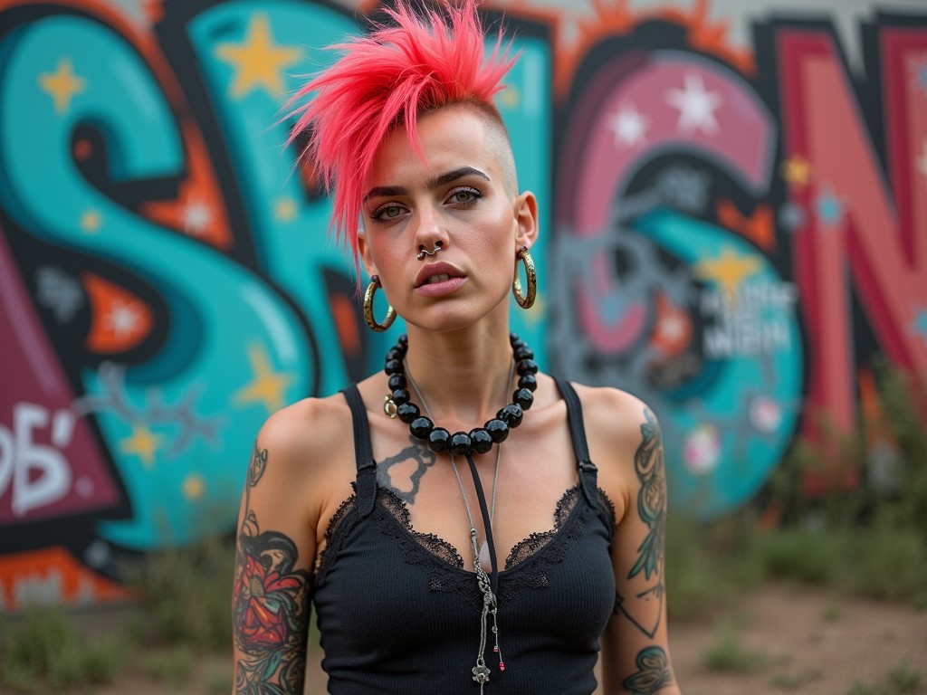 A vibrantly styled individual stands confidently in front of a colorful graffiti wall. The person features striking pink hair styled in a mohawk and is dressed in a black tank top. The tattoos on their arms enhance the edgy, artistic vibe of the scene.