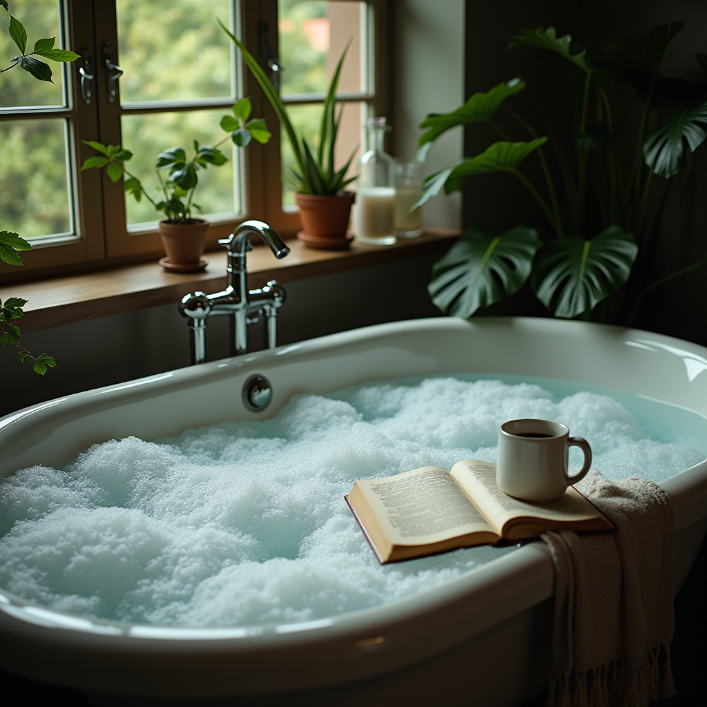 A cozy bathtub filled with bubbles, accompanied by a book and coffee, surrounded by plants.