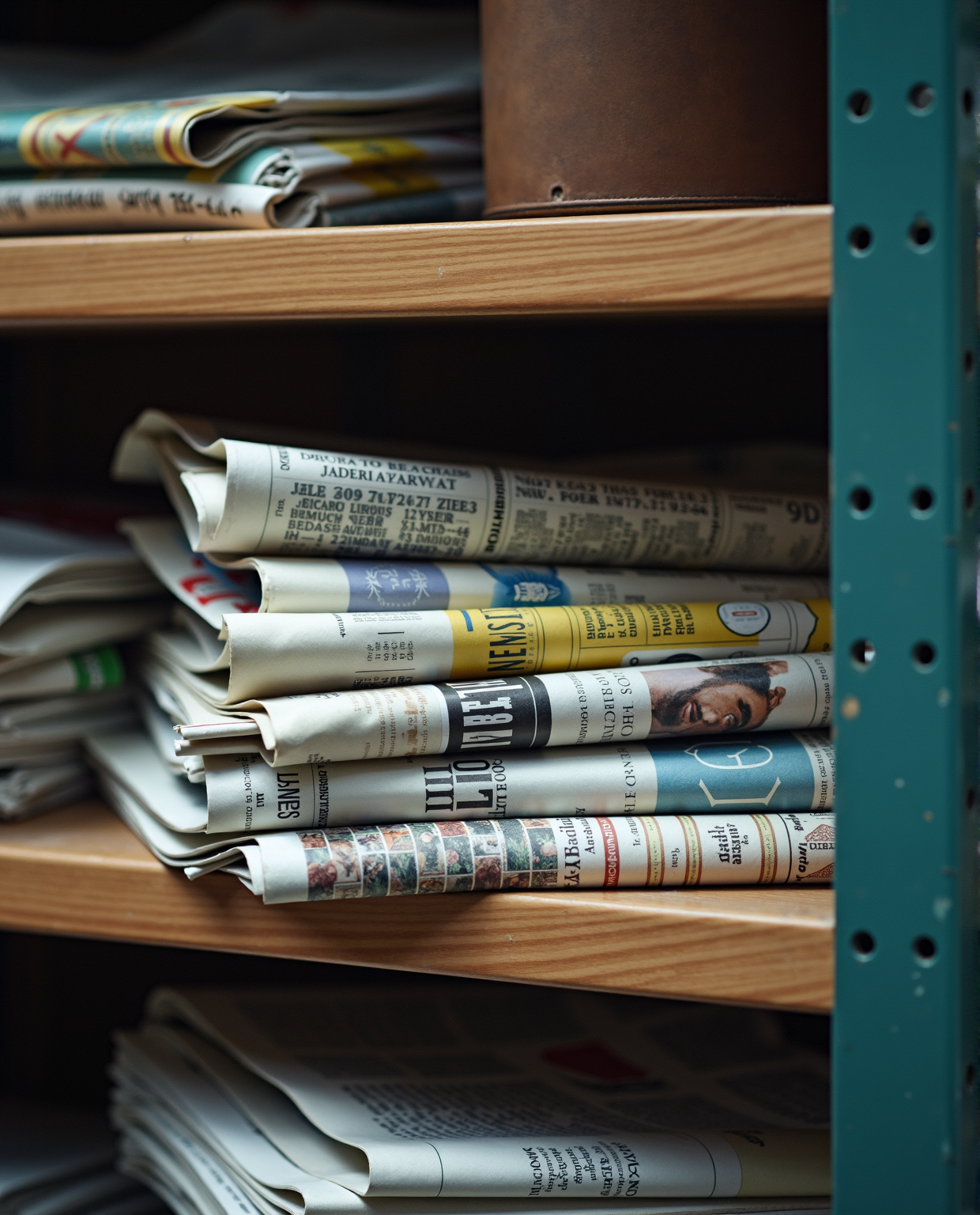 The image shows a shelf with neatly stacked newspapers and a brown container.