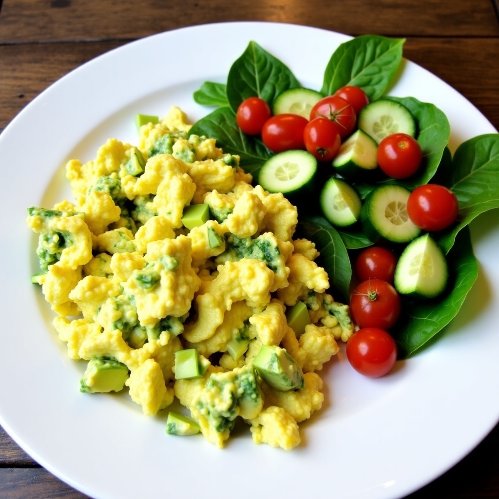 The image features a plate of avocado scrambled eggs that are fluffy and yellow, garnished with fresh green herbs. Beside it, there's a vibrant salad made of cherry tomatoes, cucumber slices, and spinach leaves. The meal is presented on a clean white plate, creating a bright and appealing contrast with the wooden background. This setup showcases a healthy breakfast option, highlighting fresh and nutritious ingredients. The natural lighting enhances the colors of the food, making it look even more appetizing.