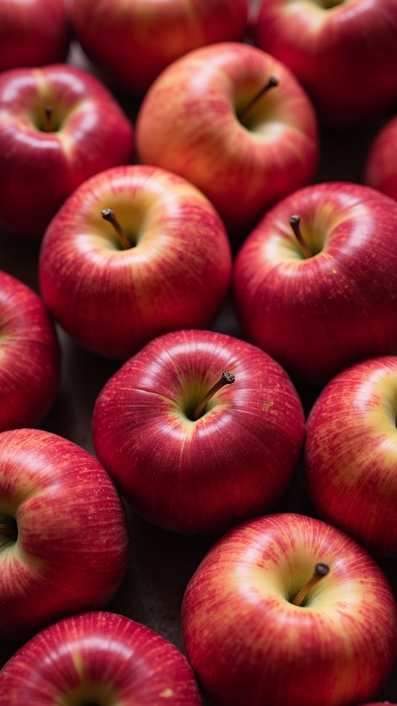 A close-up of several vibrant red apples showcasing their smooth skin and crisp freshness.