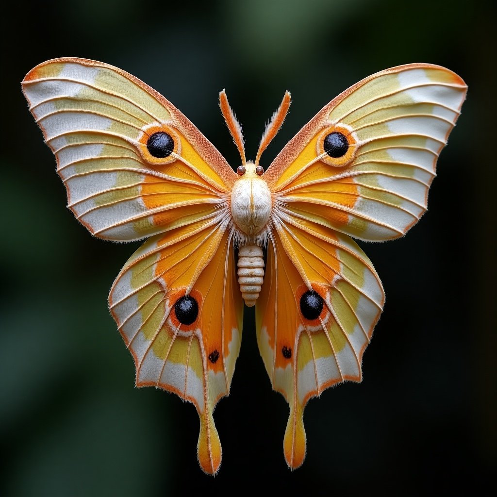 Hybrid butterfly design featuring elements from Mickey Mouse and a domestic silk moth. Emphasis on bright colors and intricate details.