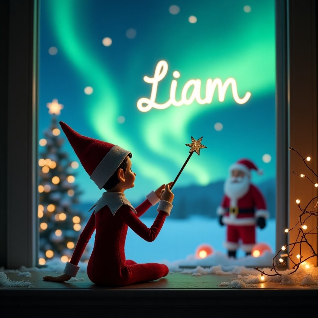 The image features an Elf on the Shelf sitting with its back to the viewer. The elf is facing a beautiful winter scene with northern lights illuminating the sky. It holds a magic wand, elegantly writing the name 'Liam' in the sky. In the background, Santa Claus stands in a snowy landscape. The atmosphere is magical and festive, perfect for the Christmas season.