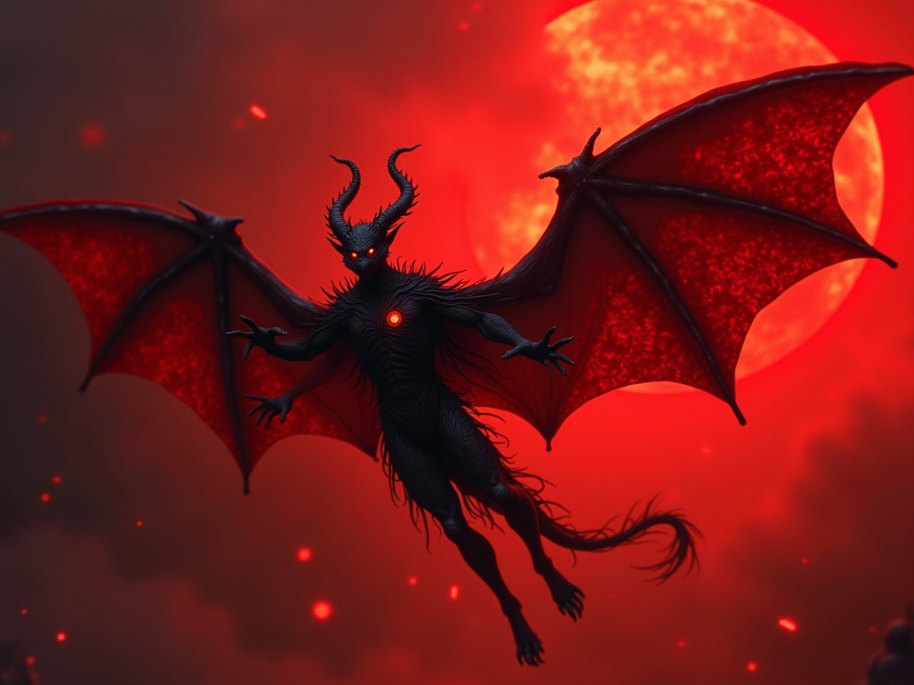 The image portrays a dark, demonic creature with sharp horns and large, bat-like wings silhouetted against a fiery red moon. The creature's formidable presence is emphasized by its glowing red eyes and a illuminated red core on its chest, exuding an aura of supernatural power. The surrounding atmosphere is filled with ominous red hues, enhancing the sense of dread and mystique.