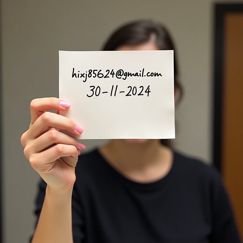 Photograph showing a hand holding a piece of paper with text. Paper displays an email address and a date. Hand and arm are clearly visible. Taken in a well-lit indoor environment.