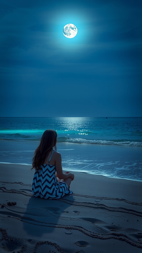 A woman sits on a beach at night, gazing at the full moon over the ocean.