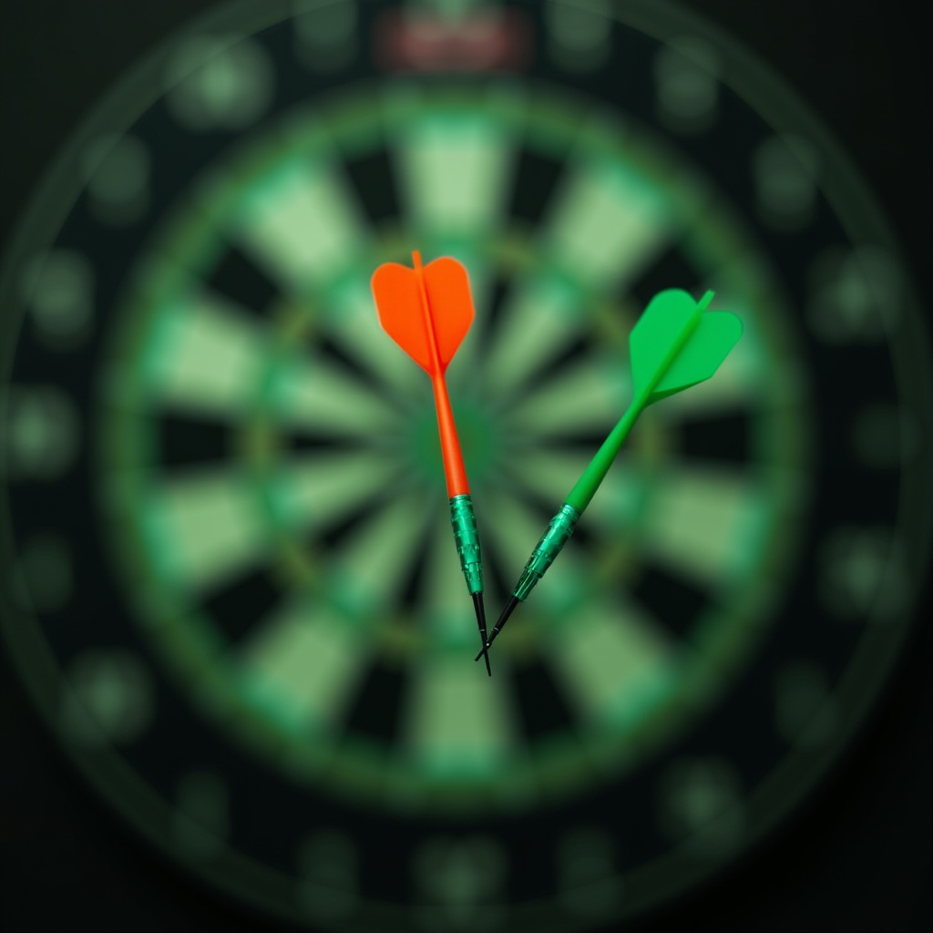 Two darts, one red and one green, appear in sharp focus with a blurred dartboard in the background.