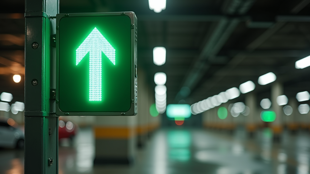 A bright green arrow sign gleams in a dimly lit parking garage, indicating an upward direction with a soft-focus background of cars and lights.