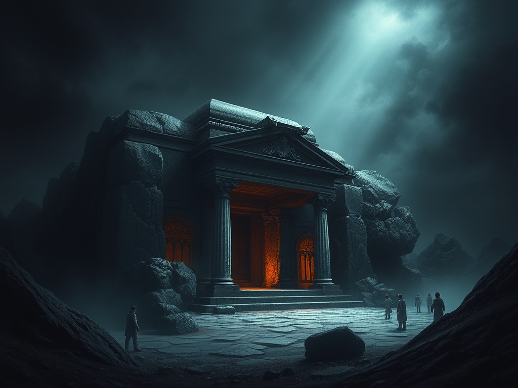 A mysterious temple front shrouded in darkness, lit by an ethereal glow emanating from within. Looming, ancient columns frame the entrance, surrounded by large boulders. Silhouetted figures stand on a misty path leading to the temple, creating an air of suspense and mystery.