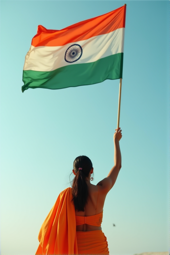 A woman in orange attire is holding up the Indian flag against a clear blue sky.