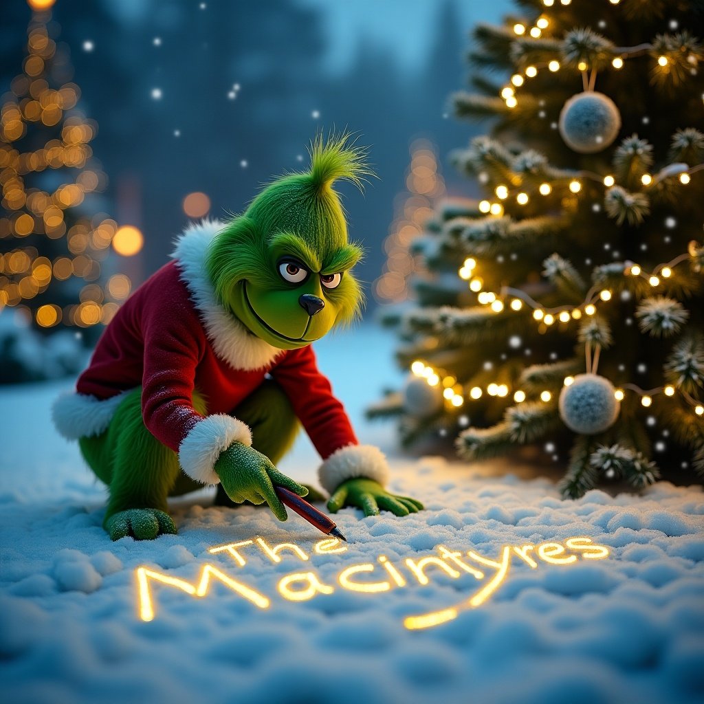 The Grinch writing name in snow. Christmas trees with lights. Snowy landscape. Festive atmosphere.