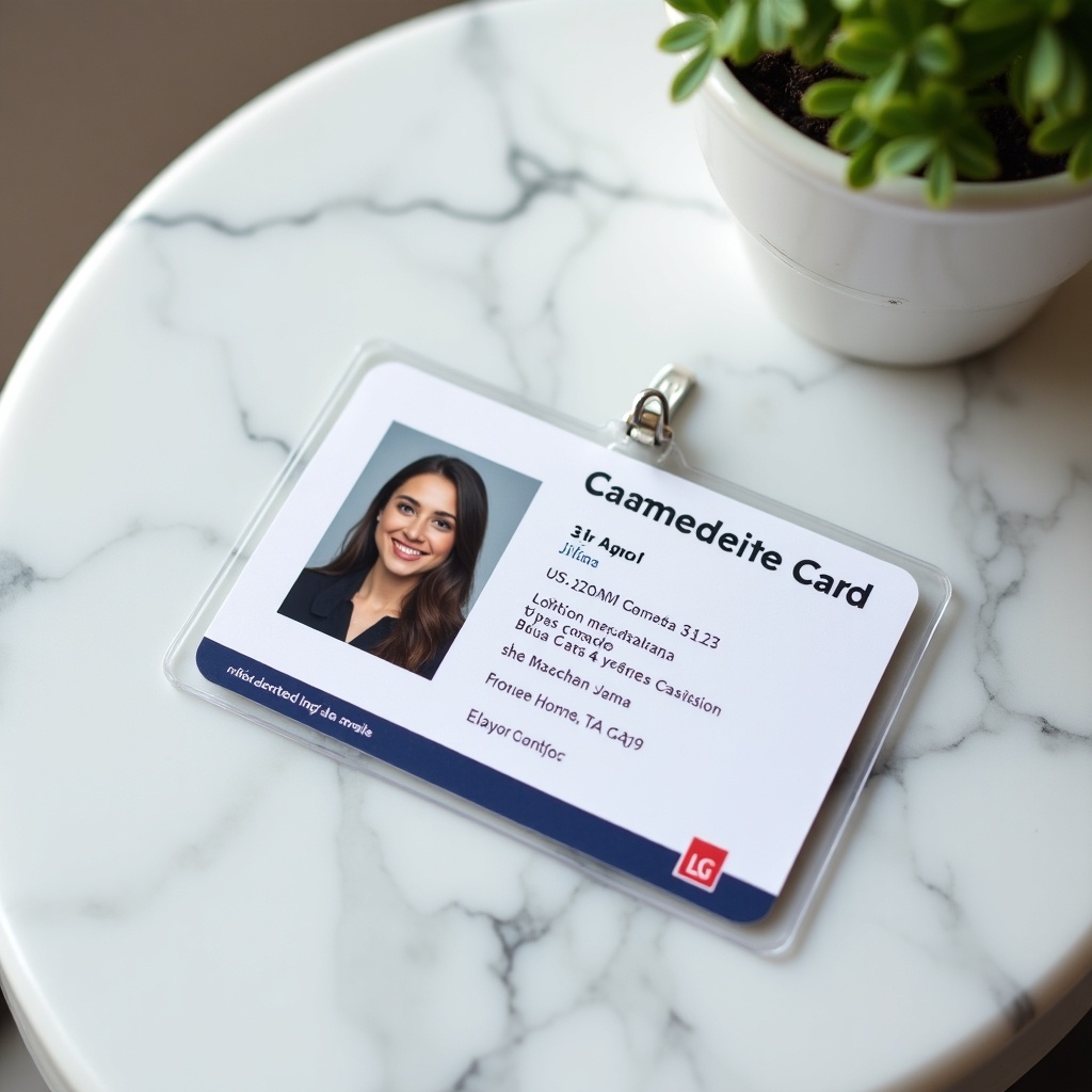 Close-up photograph of a student ID card on a marble surface. The card displays details about the student.  The background is a smooth marble texture.