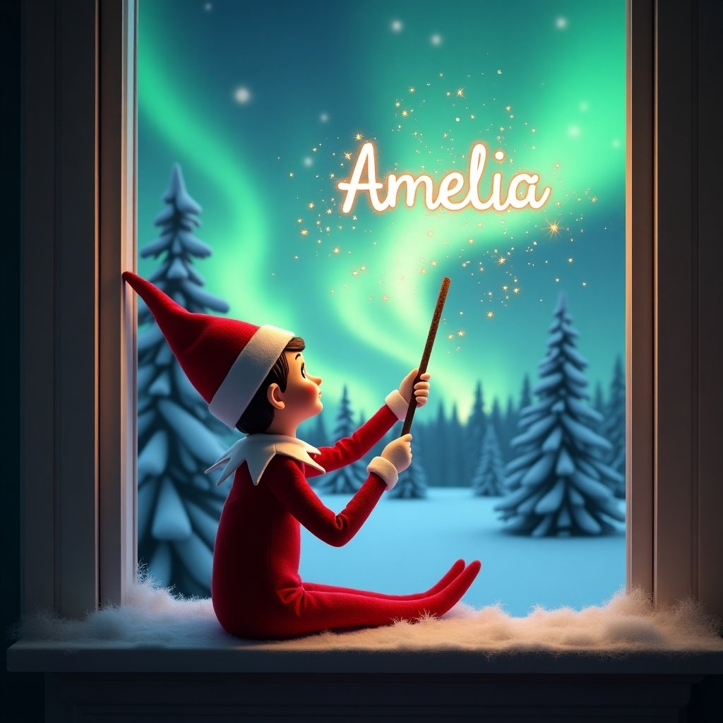 Elf on the shelf sitting on a window ledge. Back turned to viewer. Using a wand to create sparks spelling ‘Amelia’. Looking at northern lights. Background has snow-covered pine trees. Vibrant red outfit with white trim. Magical holiday scene.