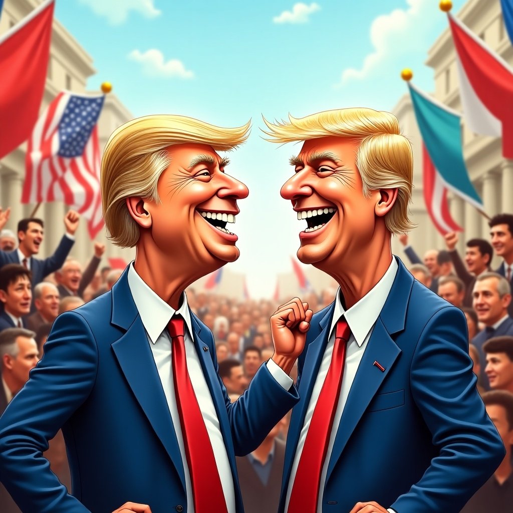 This image features two playful caricatures of politicians, illustrating a humorous moment between Lula and Bolsonaro. They are shown smiling and playfully interacting, which captures the essence of their rivalry in a light-hearted manner. The background is filled with a diverse crowd of supporters, waving Brazilian flags, creating a lively atmosphere. Both politicians are dressed in formal suits, adding to the contrast of the playful scene. The overall artwork reflects the dynamic and often humorous nature of Brazilian politics.