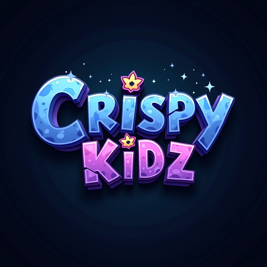 Stylized logo for animated series titled Crispy Kidz featuring colorful text. Square ratio format designed for dark themes. Blues and purples with interesting texture on background.