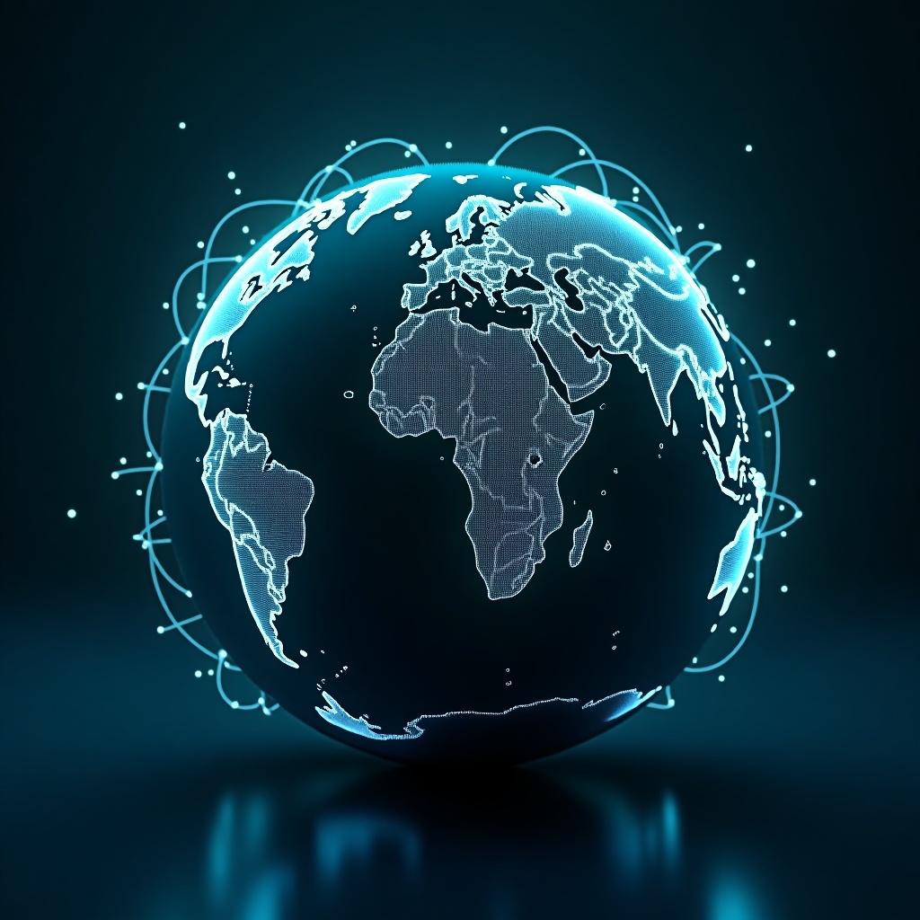 Visual representation of a 3D globe with interconnected digital lines. The globe covers various continents and countries. Gradient colors of blue and green highlight modern technology and connectivity.