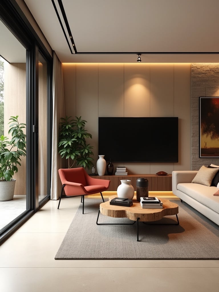 Image displays a modern living room. The room has beige floor tiles and large glass doors with wooden louvered doors. The area is filled with natural light. The overall color scheme is neutral. A unique coffee table crafted from a wooden log is present. The table is adorned with books, a white ceramic vase, and a black and brown ceramic art piece. Lush green plants add vibrancy. A red chair serves as an accent piece. A large TV is mounted on a stone-cladded wall with a wooden console below. The ceiling is equipped with track lights and recessed lighting. A beige sofa with matching cushions enhances comfort, and an abstract painting hangs on the wall, adding to the artistic ambiance.