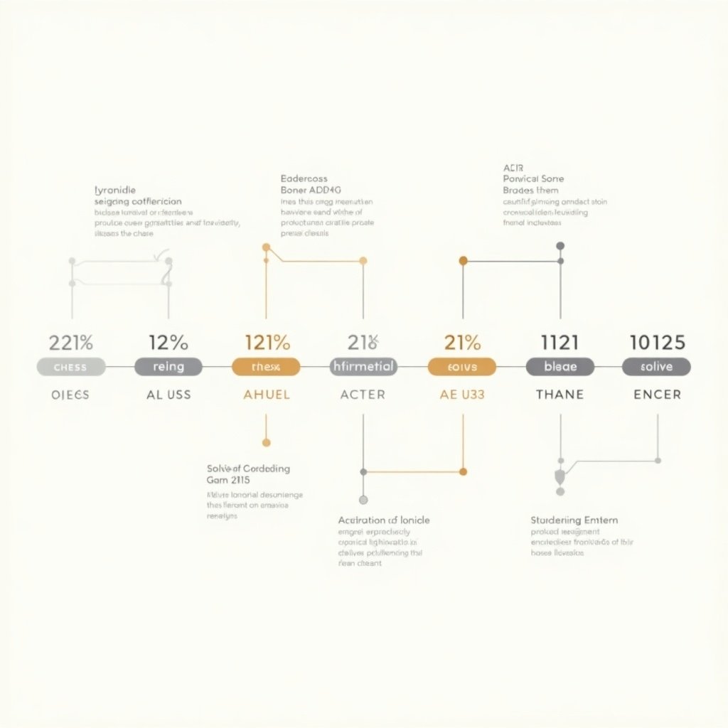 Infographic presents timeline of AI milestones. Highlights achievements in AI from Chess to AlphaGo. Features minimalist design and light gray and ochre palette. Information is clear for comprehension. Connections show flow of AI solving difficulties. Ideal for education and professional settings where visual clarity is needed.