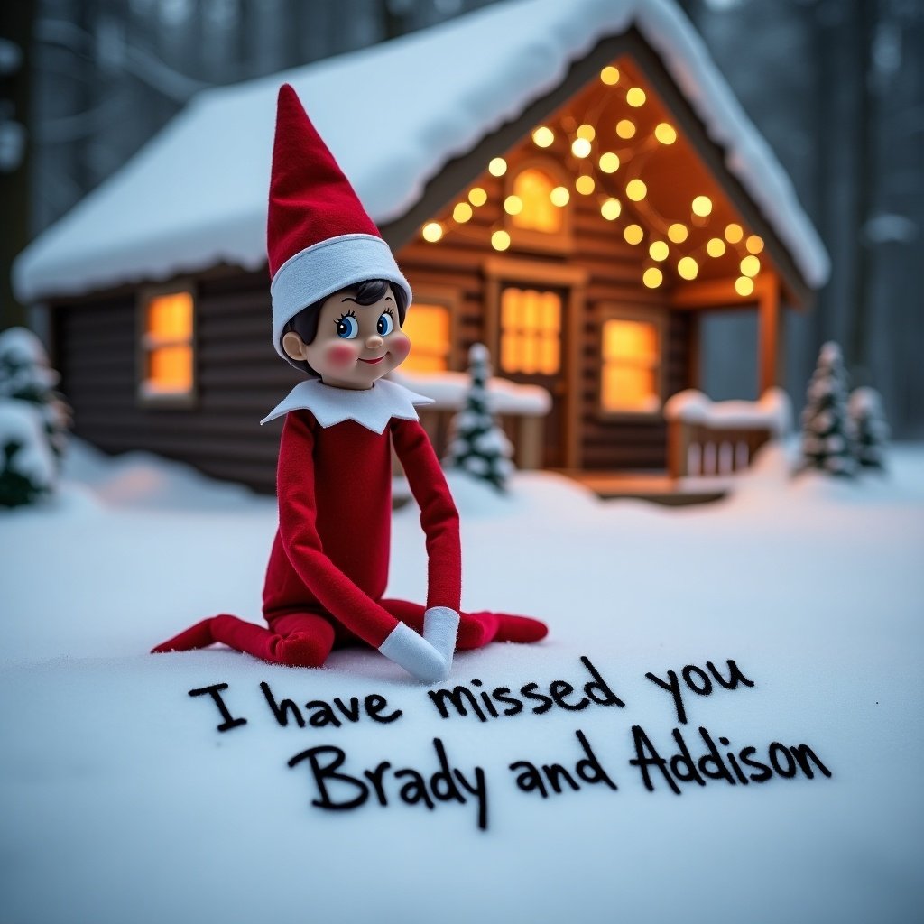 This image features an Elf on the Shelf in a beautiful snowy scene. The elf is dressed in a classic red outfit while writing in the snow. The message reads, 'I have missed you Brady and Addison.' Behind the elf is a warm, lit cabin, enhancing the magical atmosphere. The snowy backdrop adds charm and evokes holiday joy. The scene captures the whimsical spirit of Christmas traditions.