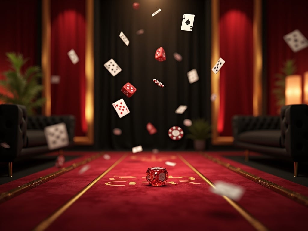 Elegant casino environment with luxurious carpet and lounge Rich colors include gold black and deep red Floating casino elements like playing cards poker chips and dice Subtle lighting effects create dynamic atmosphere Balanced composition using whitespace to avoid clutter