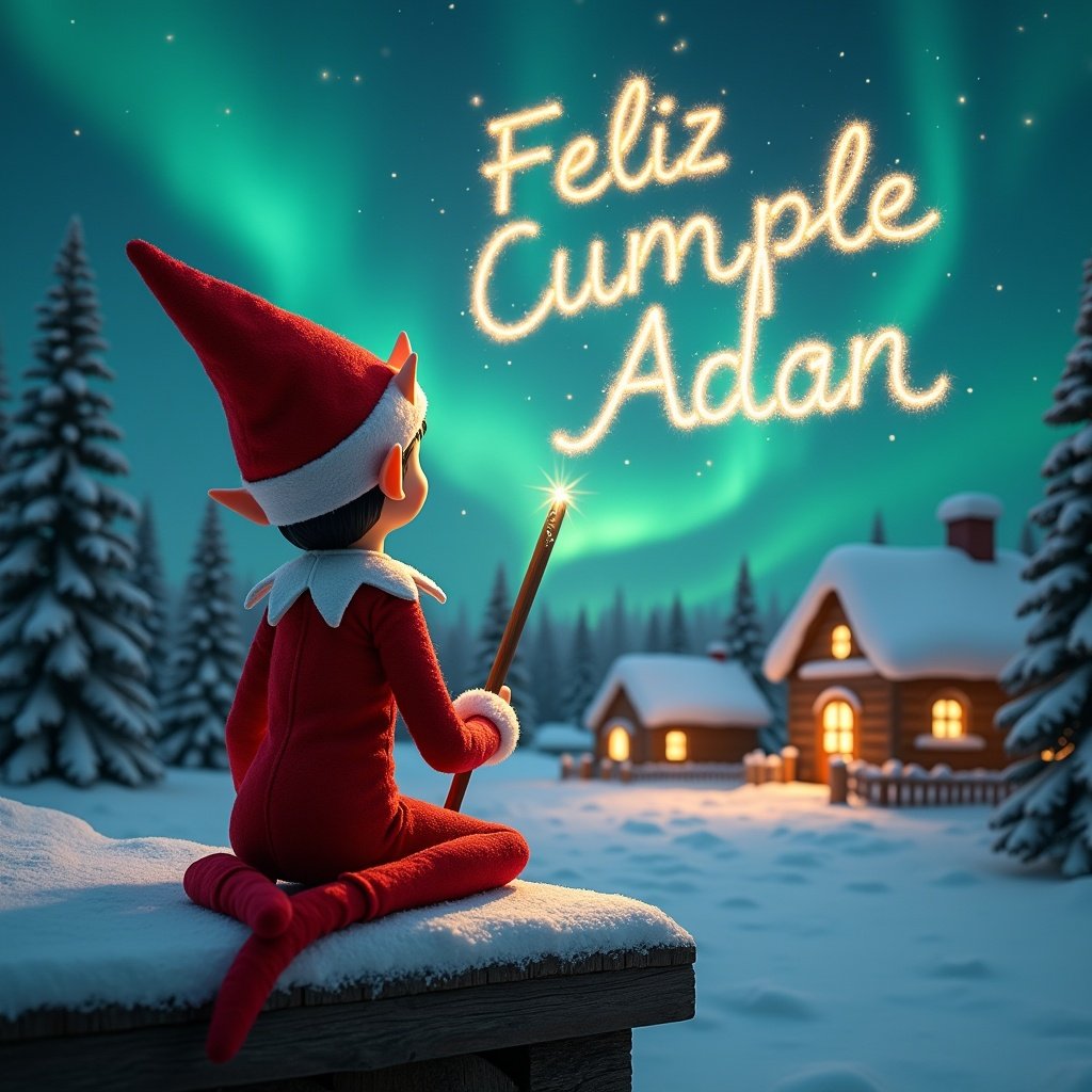 Elf sitting on wooden ledge gazing upward. Elf dressed in red with pointed hat. Elf holding sparkling wand writing Feliz Cumple Adan. Background shows snowy landscape with charming houses and evergreen trees illuminated by Northern Lights.